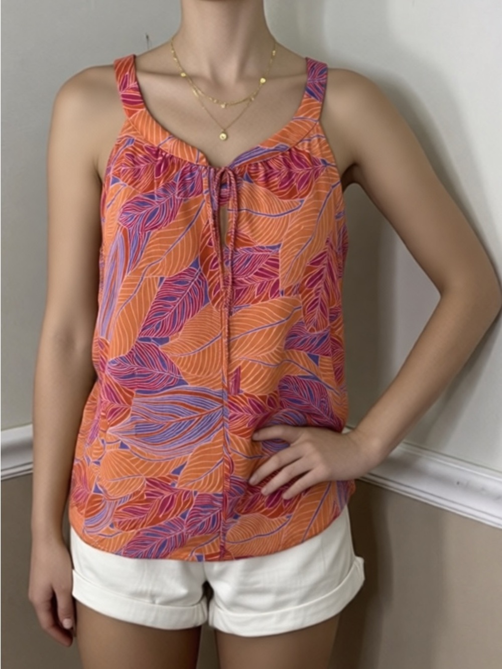 Rose & Olive Sleeveless Leaf-Print Tank Top — Orange & Pink